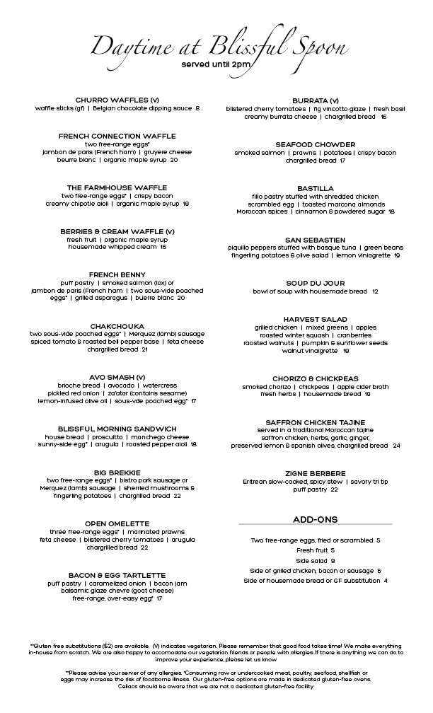 Blissful Spoon Winter Menu