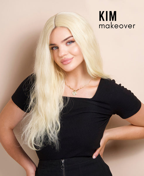 Blonde wig styled for a Kim Kardashian inspired Halloween makeover