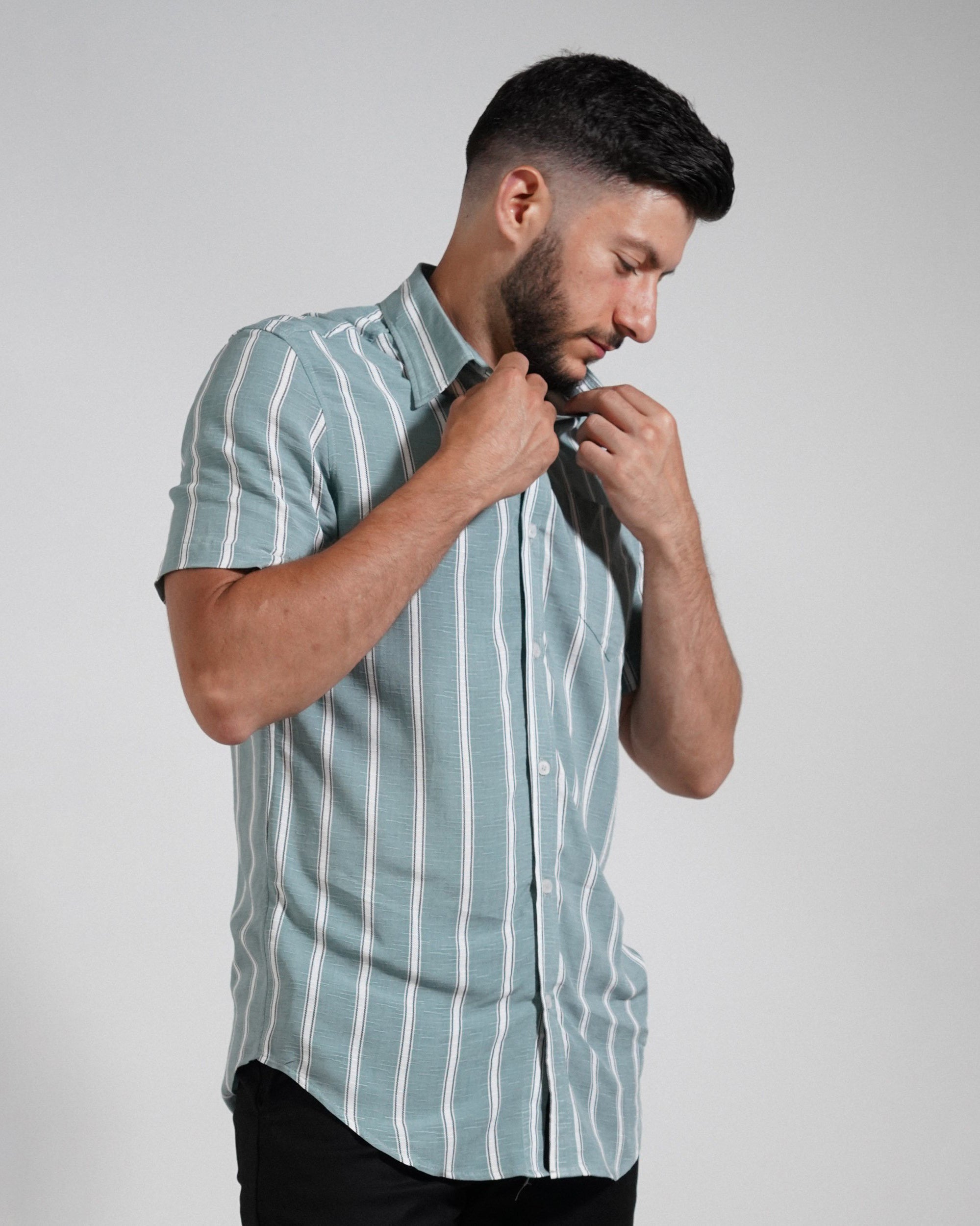 Green and White Striped Short Sleeve Shirt