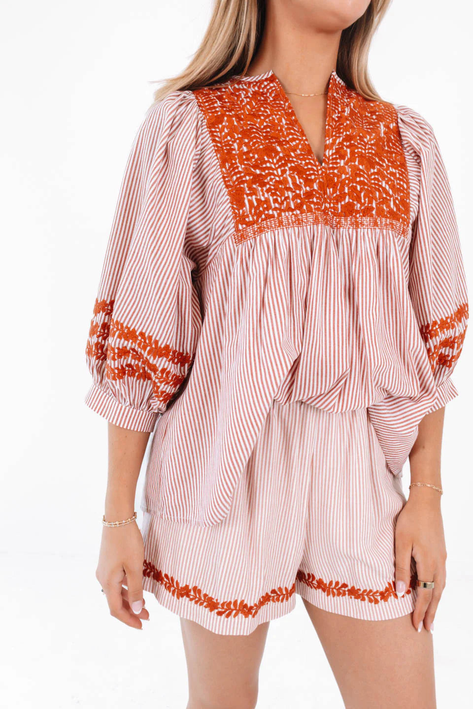 Jess Burnt orange and white Striped Embroidered Top