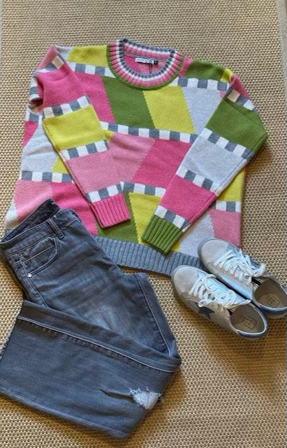 Zaket & Plover Anyway Sweater - Green, Pink Geo Design (Cloud combo)
