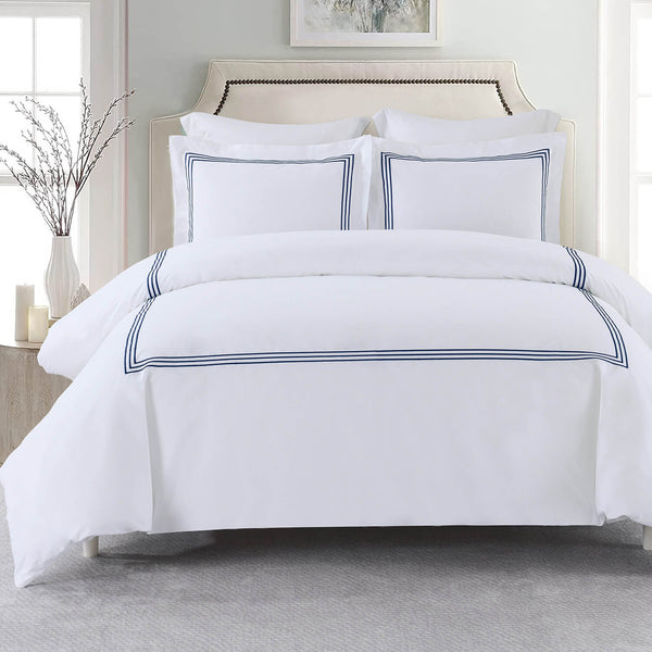 Adeline 100% Cotton Duvet Cover Set (shams included) white with embroidered border detailing in navy