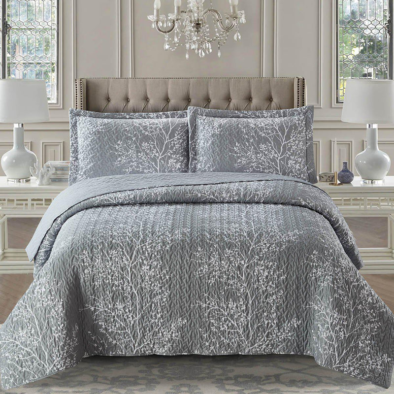 Odette Tree Branch Grey Quilt - Bedspread Set