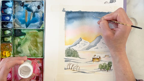 Painting a winter watercolor landscape