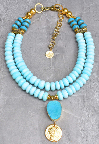 Absolutely Stunning Peruvian Blue Opal, Gold Coin & Druzy Agate Pendant Necklace $350