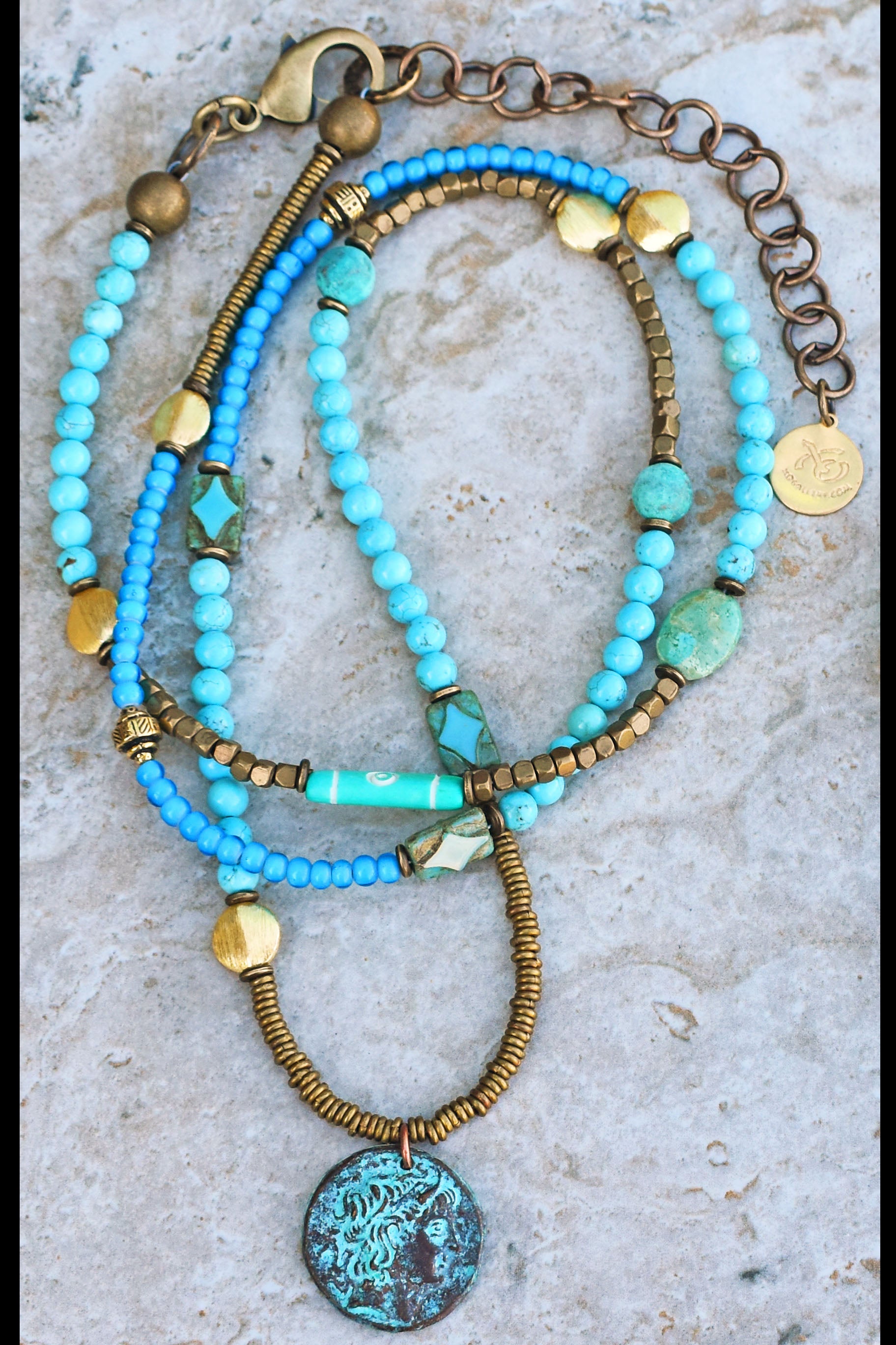 Long Bohemian Mixed Blues, Brass and Verdigris Coin Necklace