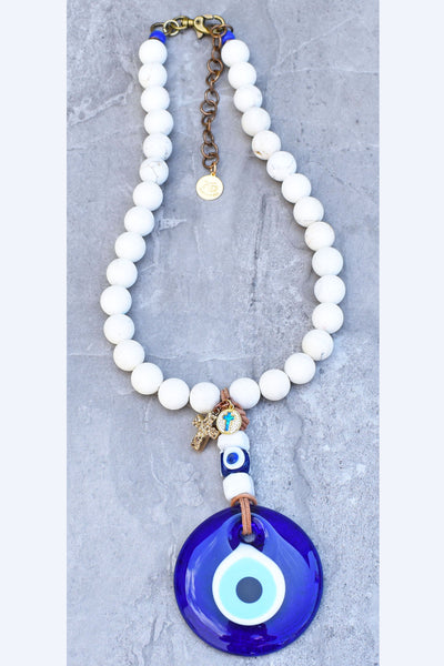Greek-Inspired White Stone and Cobalt Blue Evil Eye Pendant Necklace