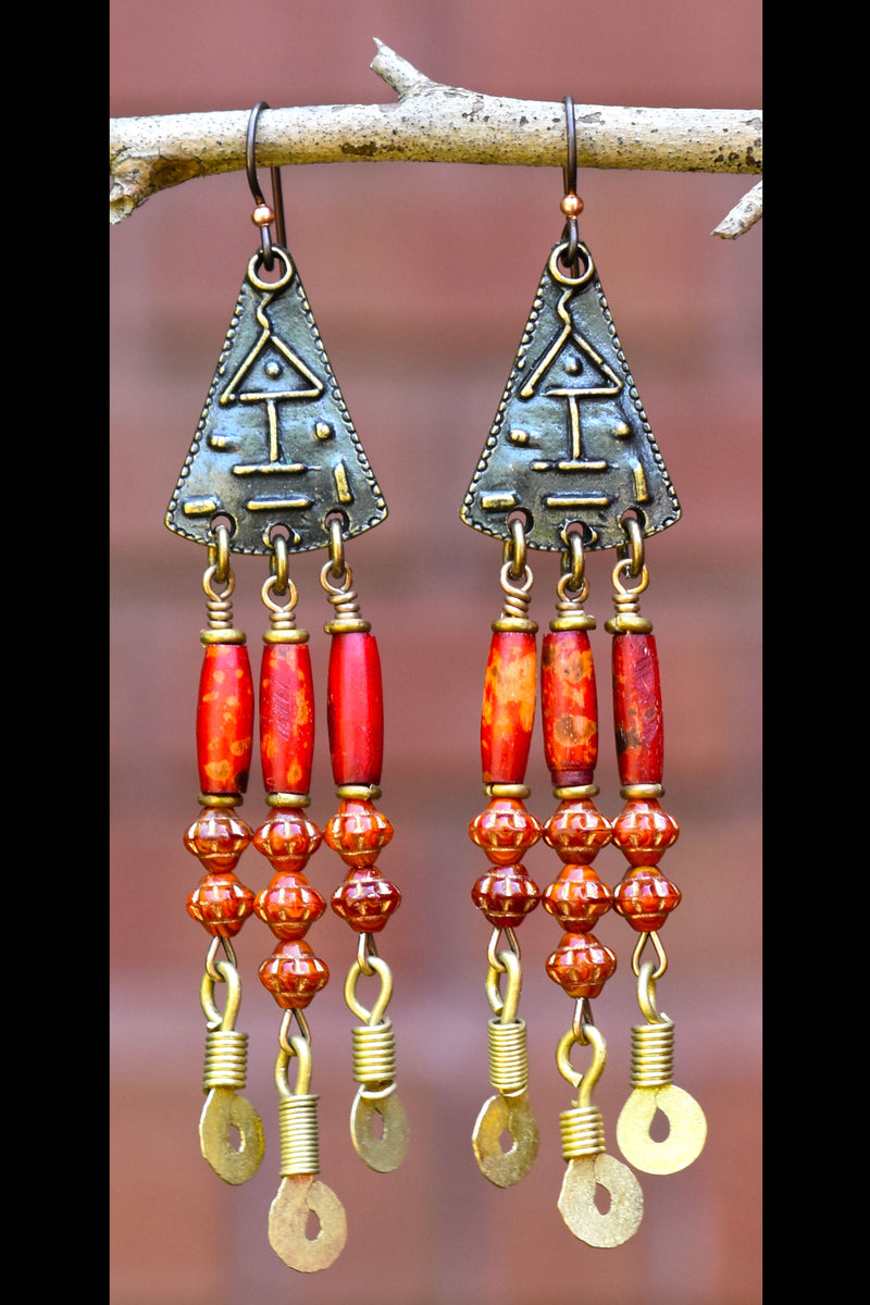 Dramatic Mixed Red Wood, Glass & Brass Kuchi Dangle Chandelier Earring ...