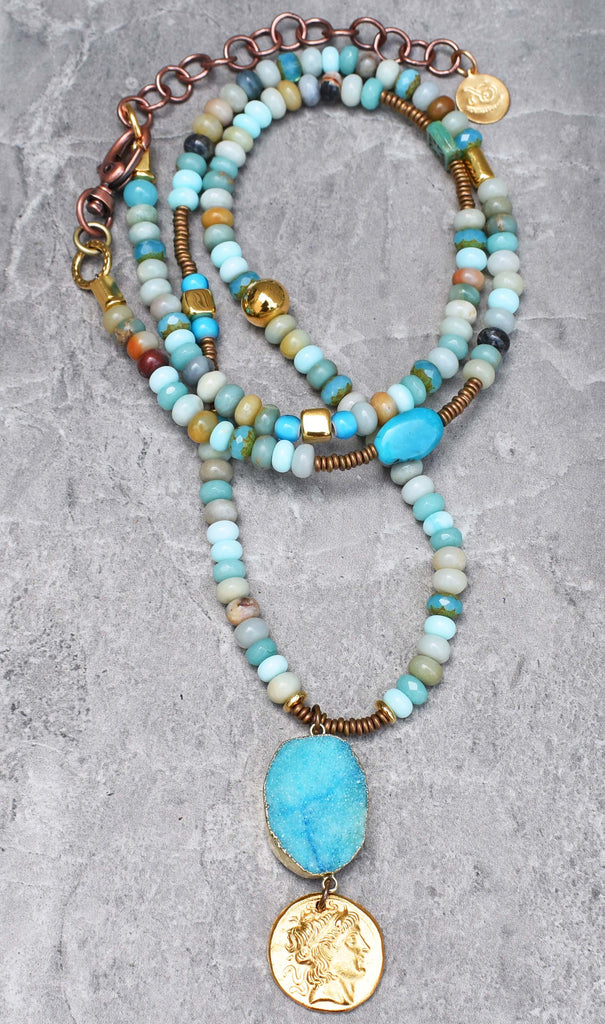 Peruvian Blue Opal, Amazonite, Gold Coin and Druzy Agate Pendant Necklace