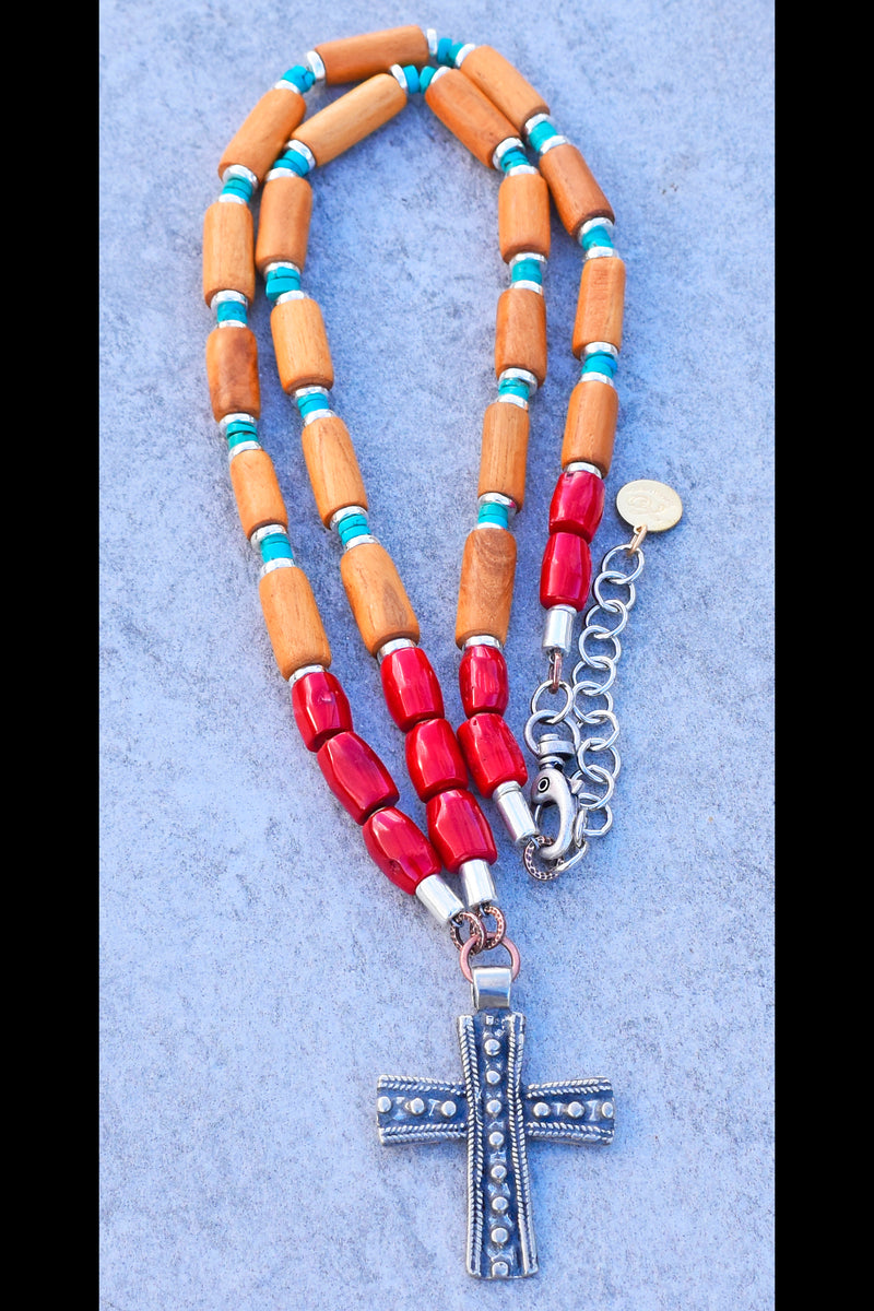Mexican-Inspired Coral Turquoise Wood & Silver Cross Pendant Necklace ...