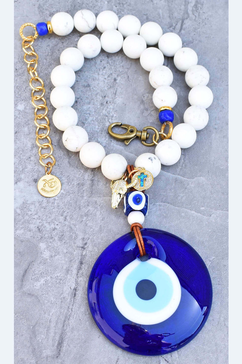 Greek-Inspired White Stone and Cobalt Blue Evil Eye Pendant Necklace ...