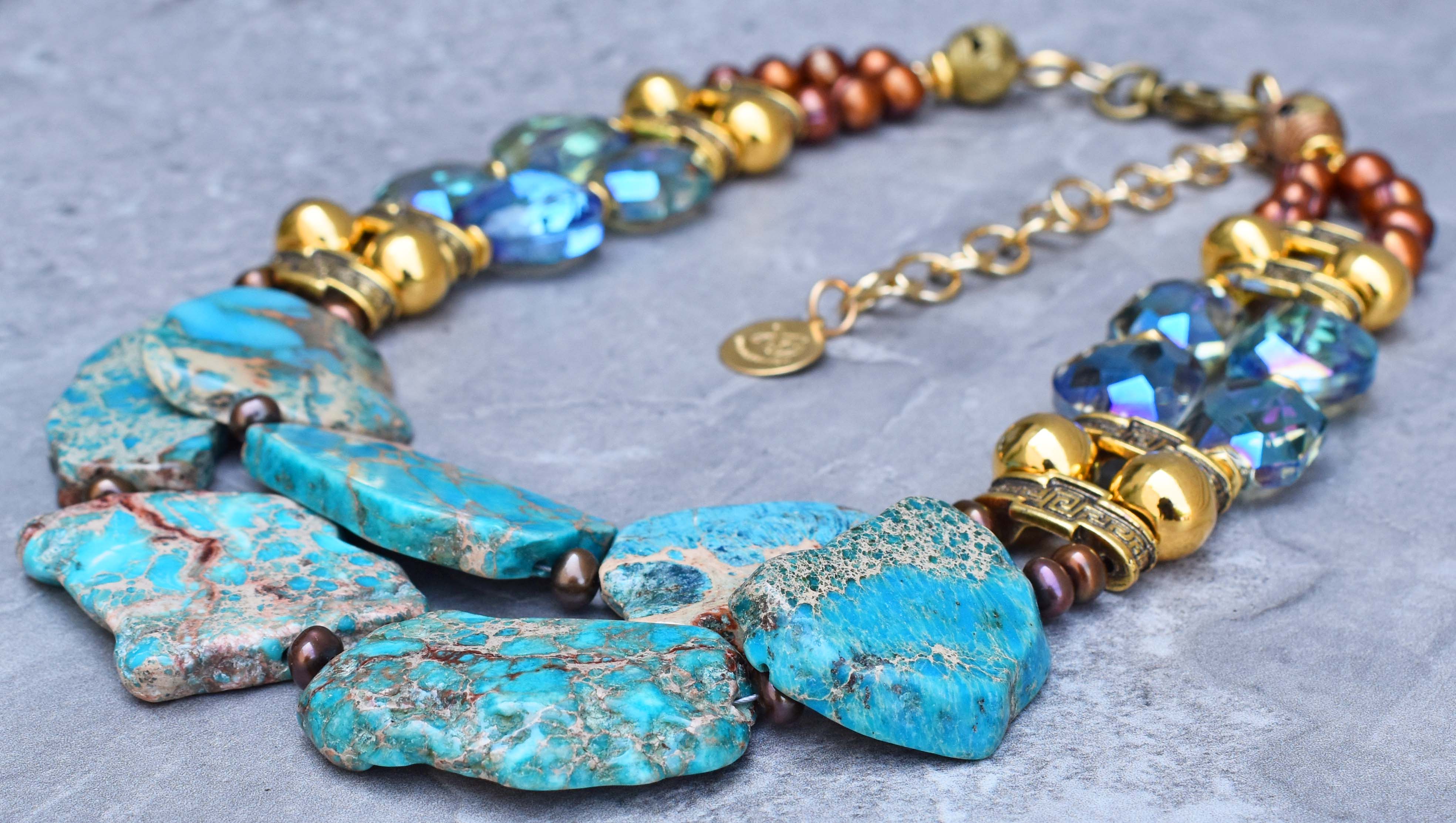 Brilliant Blue Crystal, Aqua Jasper, Pearl and Gold Statement Necklace ...