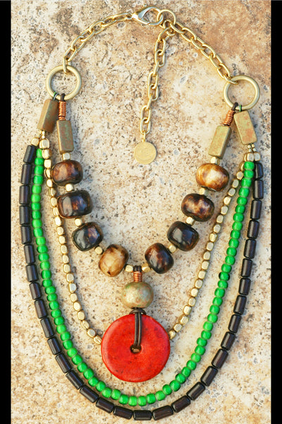 African-Inspired Batik Bone, Green, Brown and Coral Tribal Necklace
