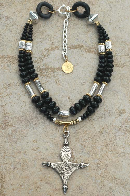 Elegant Black Onyx, Gold and Silver Tuareg Cross Pendant Necklace