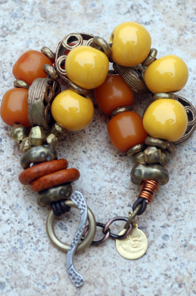 Exotic Amber, Yellow & African Brass Safari Tribal Statement Bracelet ...