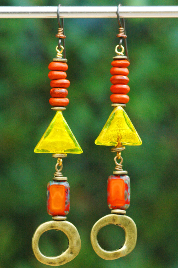 Vivid and Bold Rust Orange, Yellow and Bronze Disc Dangle Earrings