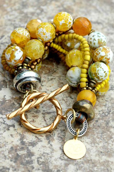 Faceted Yellow Agate, Bronze, Gold and Silver Multi-Strand Bracelet