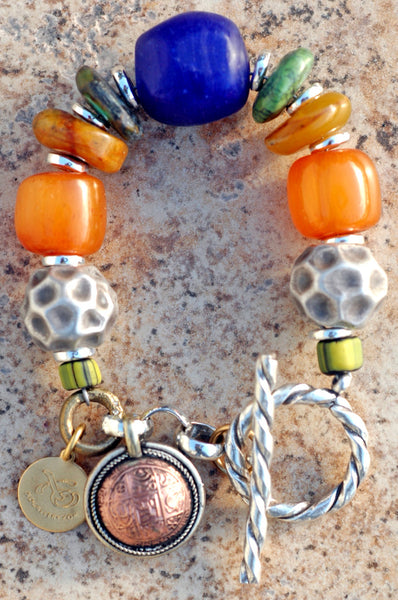 Moroccan-Inspired Silver, Amber, Turquoise & Cobalt Statement Bracelet