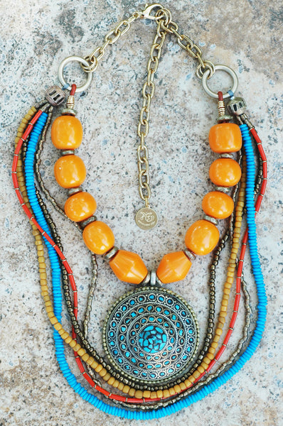 Exotic Turquoise, Orange and Brass Tibetan Amulet Statement Necklace ...