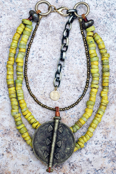 Ethnic Yellow Turkish Hebron Bead and African Disc Pendant Necklace