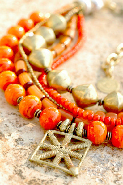 Tangerine Orange Glass and African Brass Shield Statement Necklace