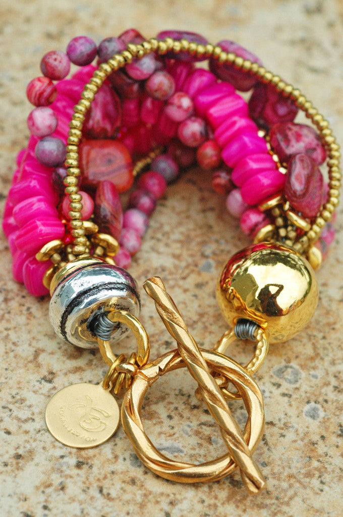 Stunning Hot Pink Shell, Crazy Lace Agate and Gold Statement Bracelet