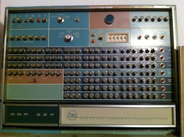 Hands-on computing: DDP-224 control panel with lightbulb pushbuttons to toggle bits in the registers