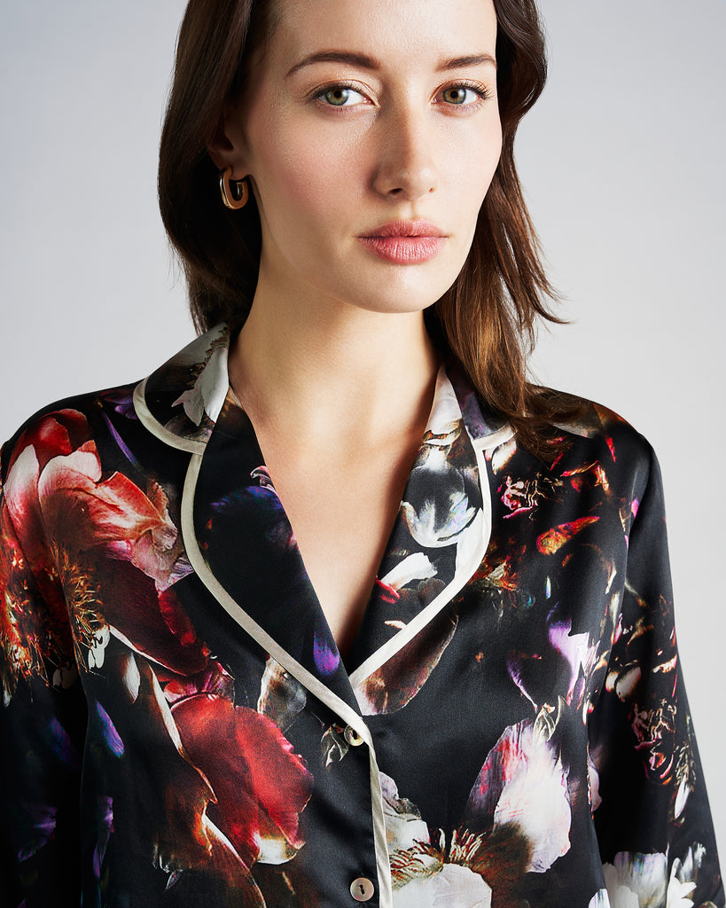 Christine Vancouver Moonlight Silk Pajamas long sleeved top has a notched collar, button front, and pops of sleek platinum silk trim at the placket, collar and cuffs