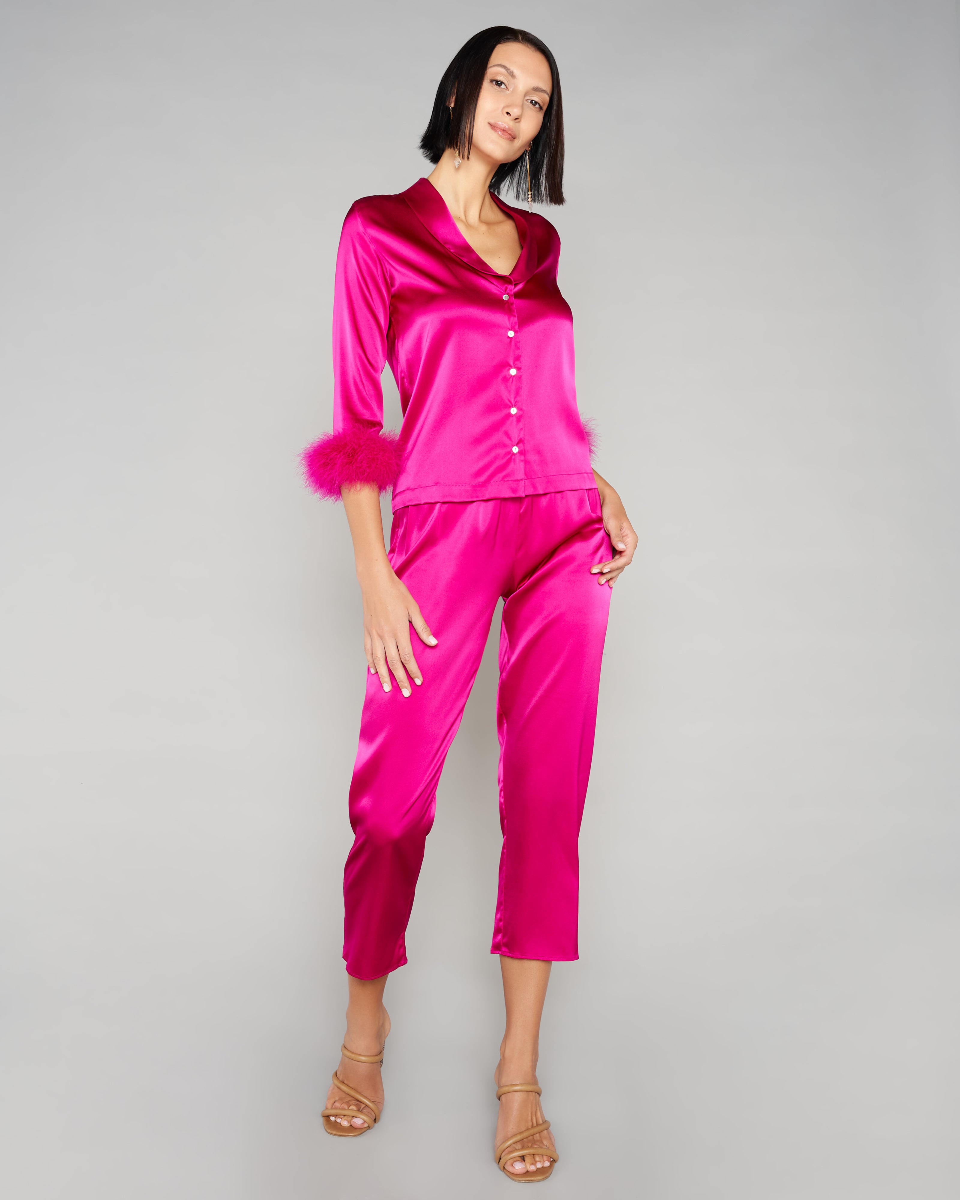 Revamp your bedtime style with our satin pajama set designed with