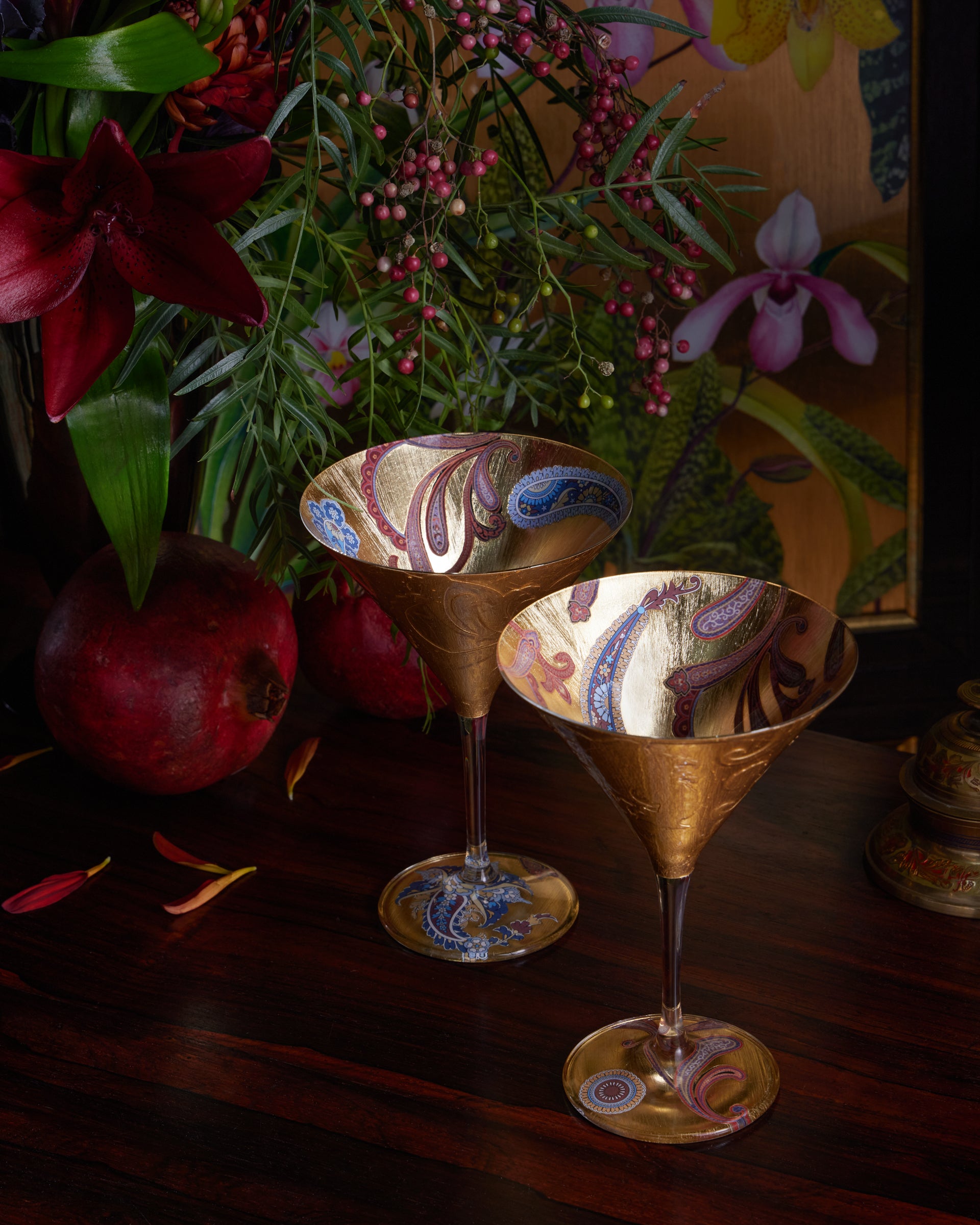 Scott Potter  Orange and Grey Paisley Gilded Martini Glass Set at Jane's  Vanity