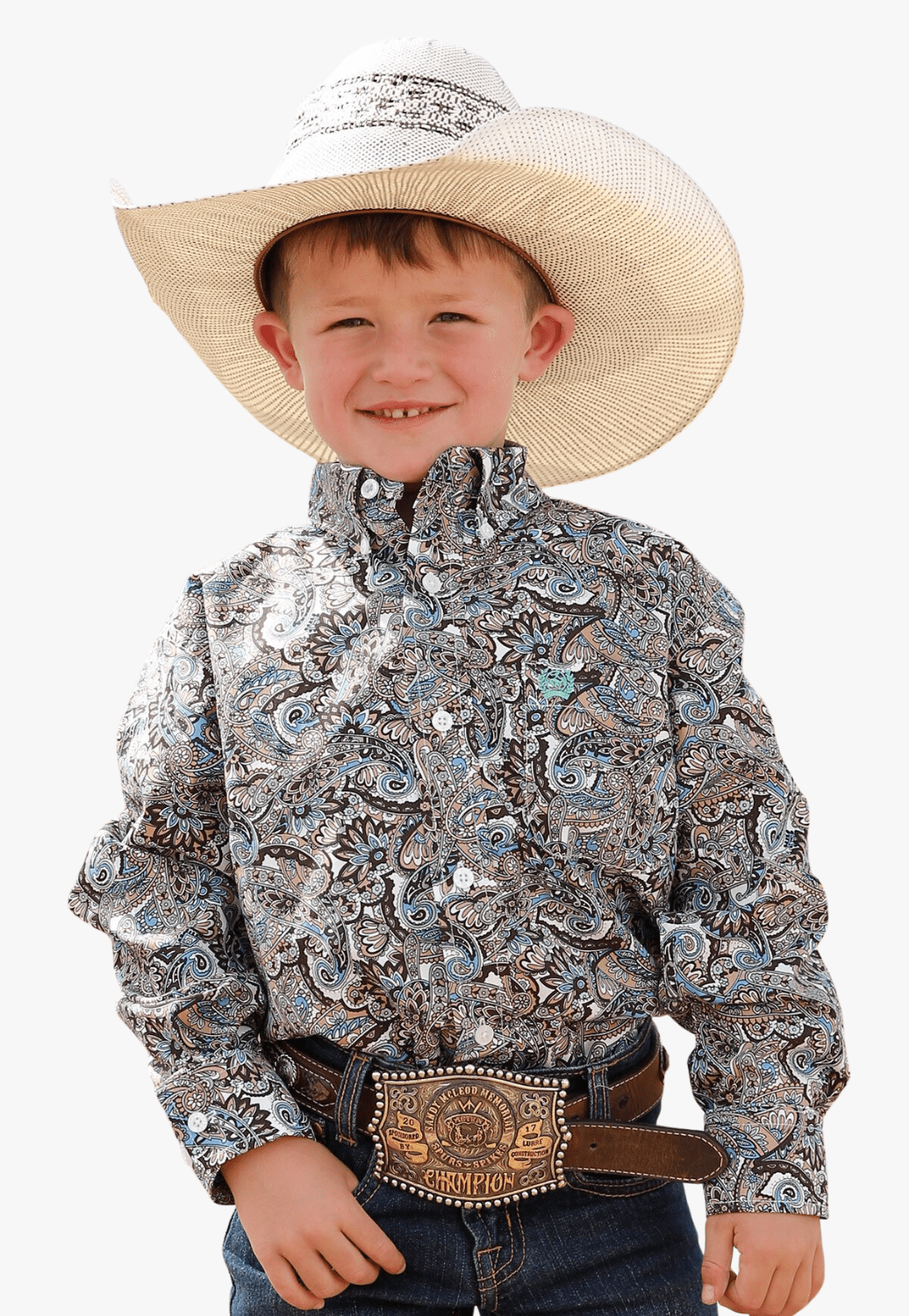 Boy's Paisley Print Button-Down Western Short Sleeve Shirt - Navy / Red