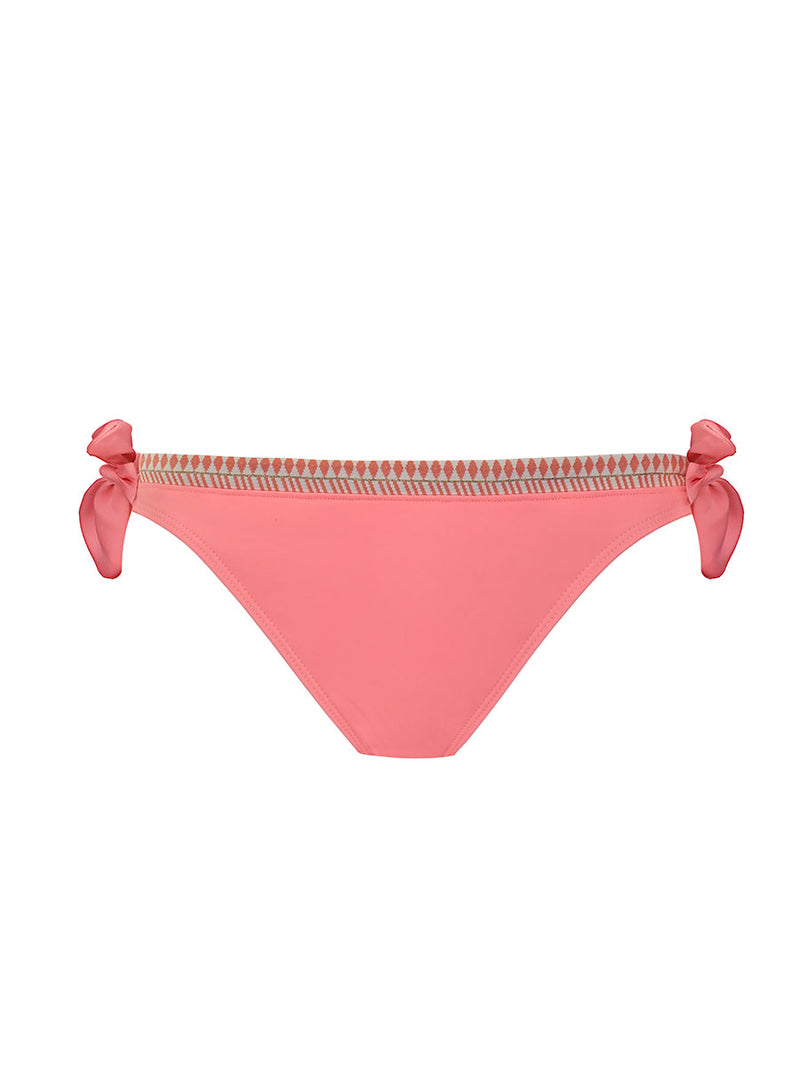 Product-shot of the Lena side tie bottom in coral with coral and white tibeb trim. 