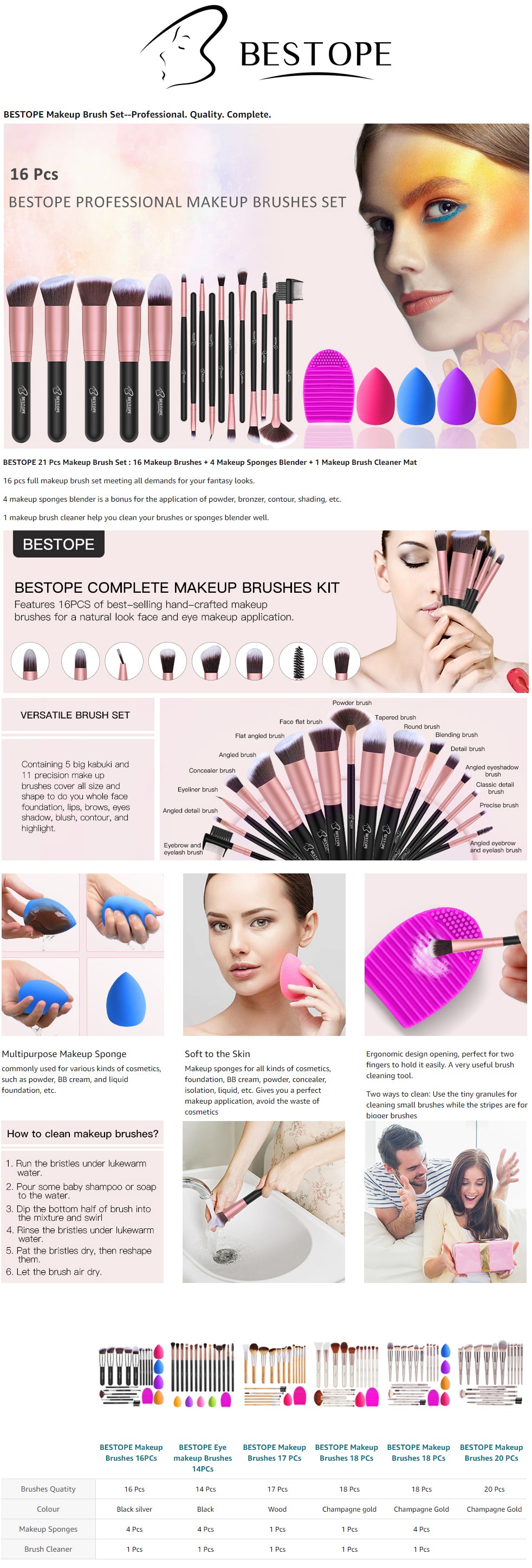 Makeup Brushes 16Pcs Professional Makeup Brush Set, 2 Silicone Face Mask  Brushes,4 Blender Sponge,1 Brush Cleaner Premium Synthetic Foundation Brush