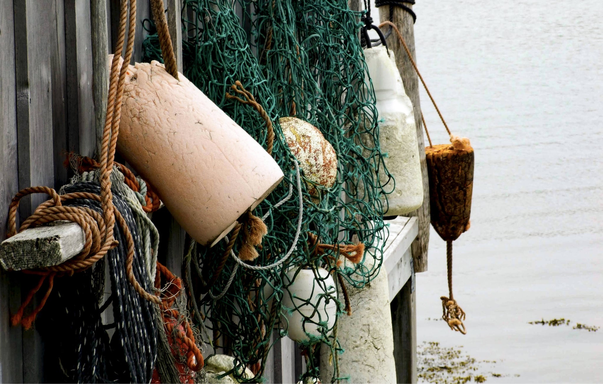 Fishing nets and buoys hanging on a wooden fence