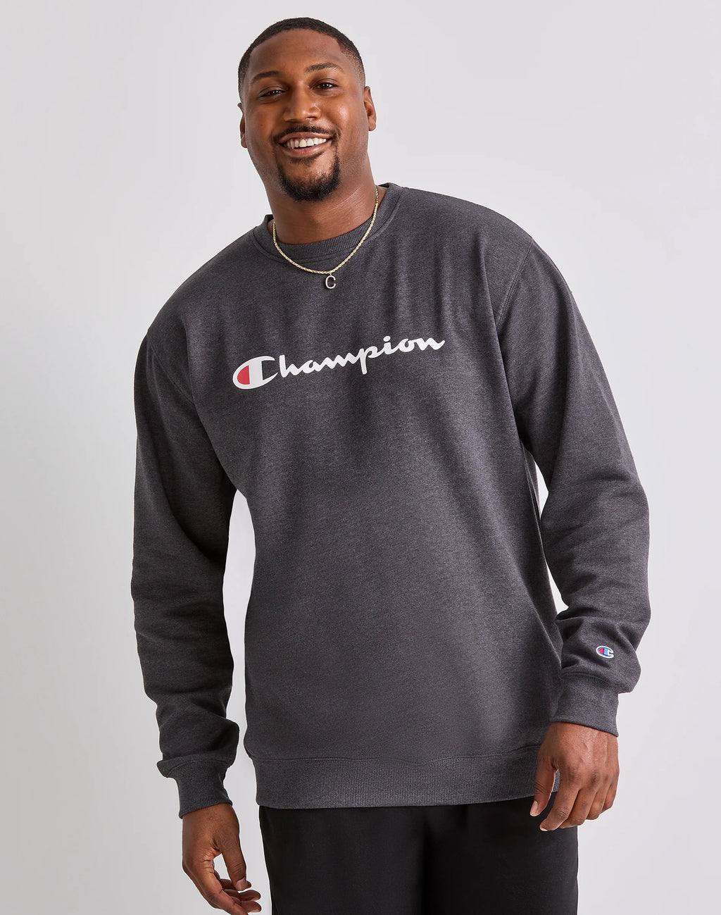 Men's Champion Big & Tall Powerblend Crew, Classic Script Logo Granite