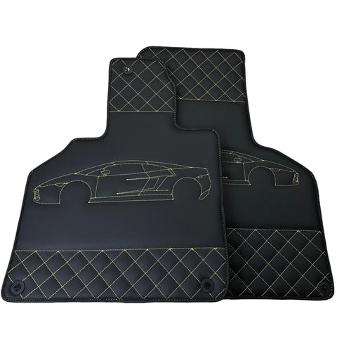 Schwarze Leder-Fußmatten für Lamborghini Gallardo, gelbe Nähte | ER56-Design