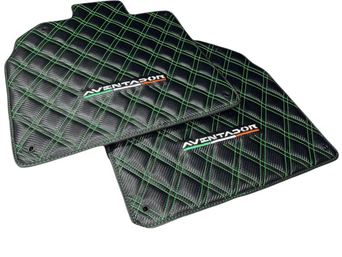 Floor Mats for Lamborghini Aventador Carbon Fiber Leather Green Stitching