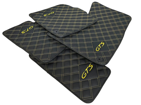 Black Leather Floor Mats for Porsche Macan GTS Yellow Sewing