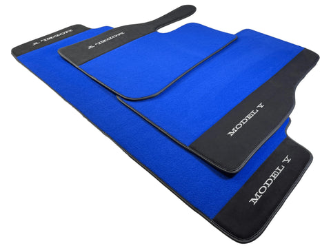 Blue Floor Mats For Tesla Model Y With Alcantara Leather