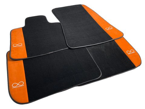 Schwarze Fußmatten für Rolls Royce Black Badge Ghost Limousine 2010–2019 mit orangefarbenem Alcantara-Leder