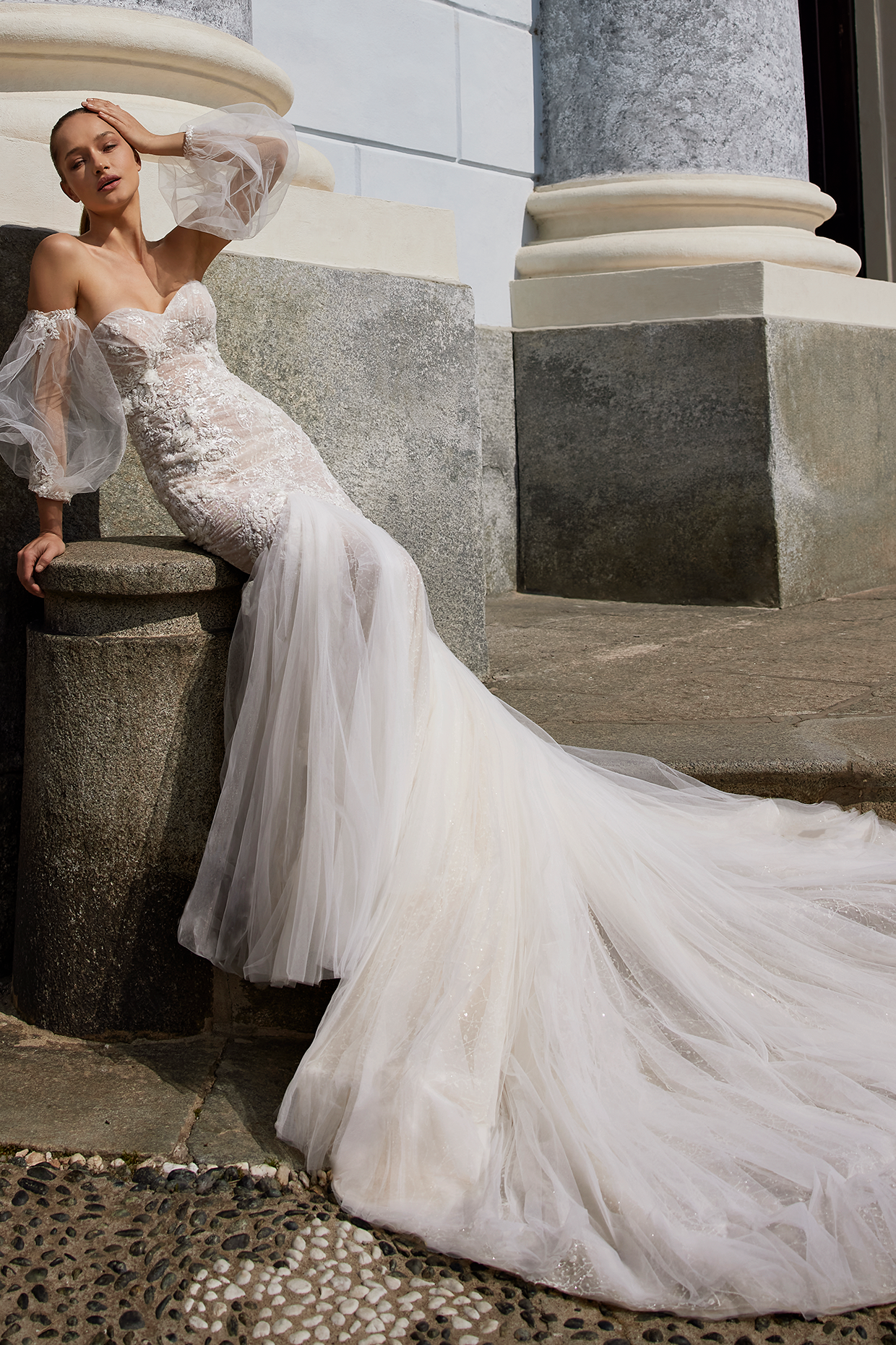 Ines Di Santo Spring 2022 Bridal Collection - Alethea Dress, Aura Pose View With Sleeves