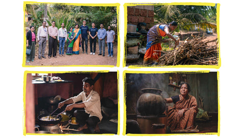 4 images représentant le village en inde, une femme s'occupant du bois, un homme cuisinant dans une grande poêle et une femme cuisinant à même le sol dans un grand chaudron