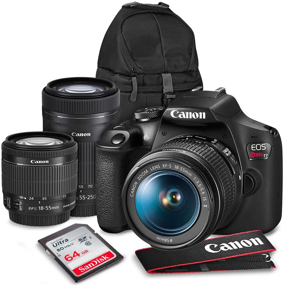 Canon T7 EOS Rebel DSLR Camera with EF-S 18-55mm f/3.5-5.6 is II and 55-250mm f4-5.6 is STM Lenses + 64GB SD Card Platinum Bundle