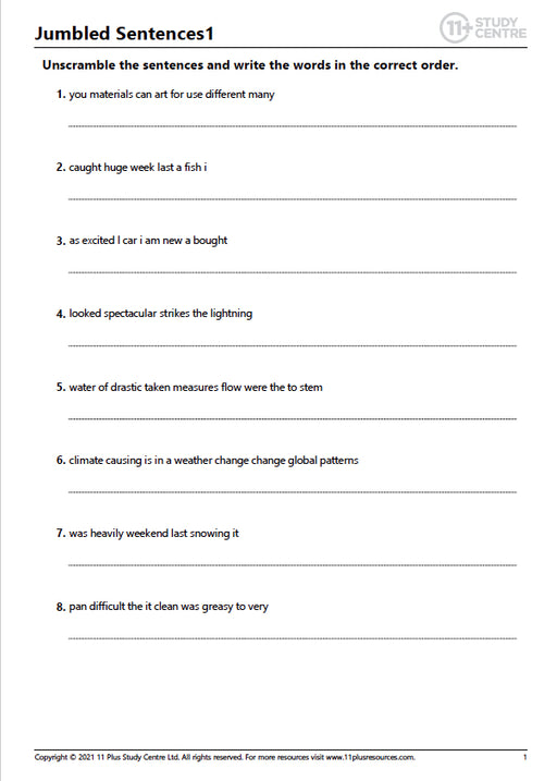 11 jumbled sentences pdf worksheet free 11 plus resources