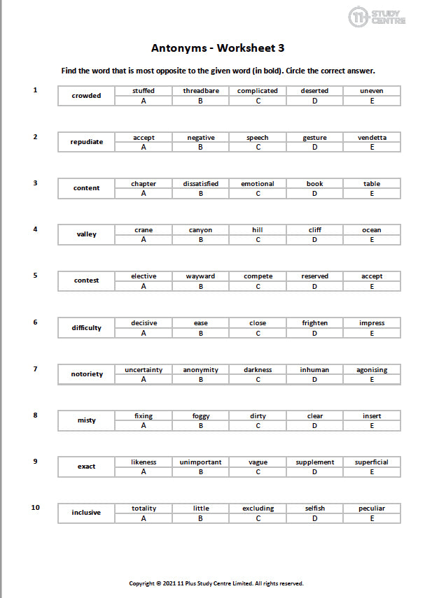 11 Plus Synonyms And Antonyms Worksheets