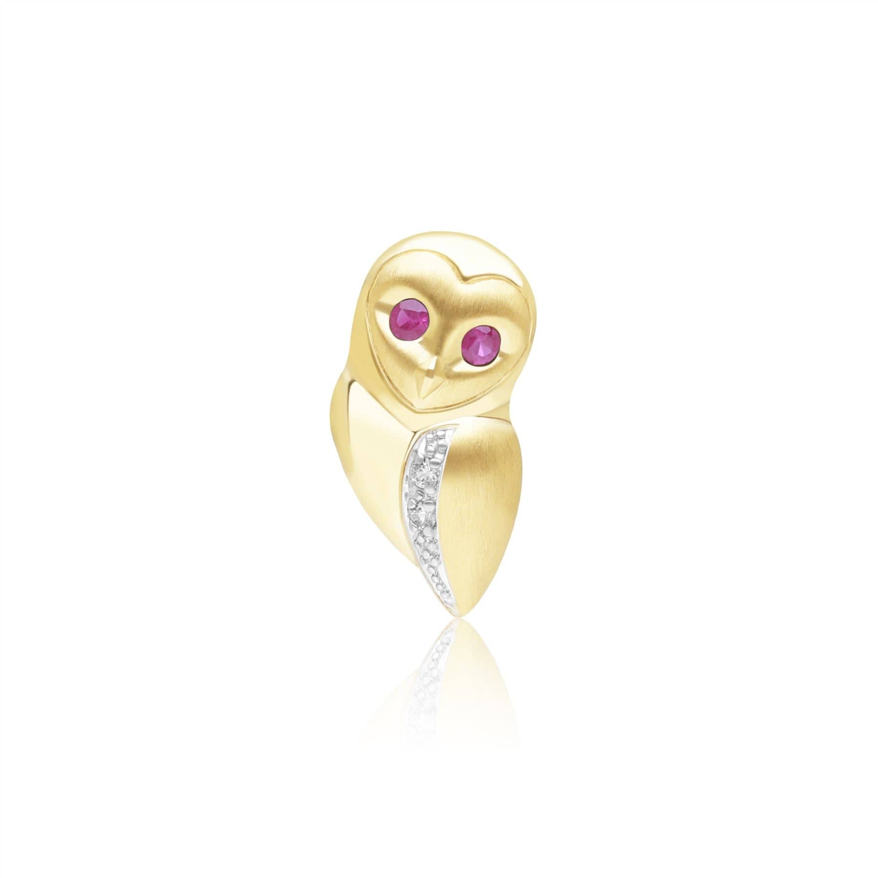 Image of Gardenia Ruby and White Sapphire Owl Pin in 9ct Yellow Gold