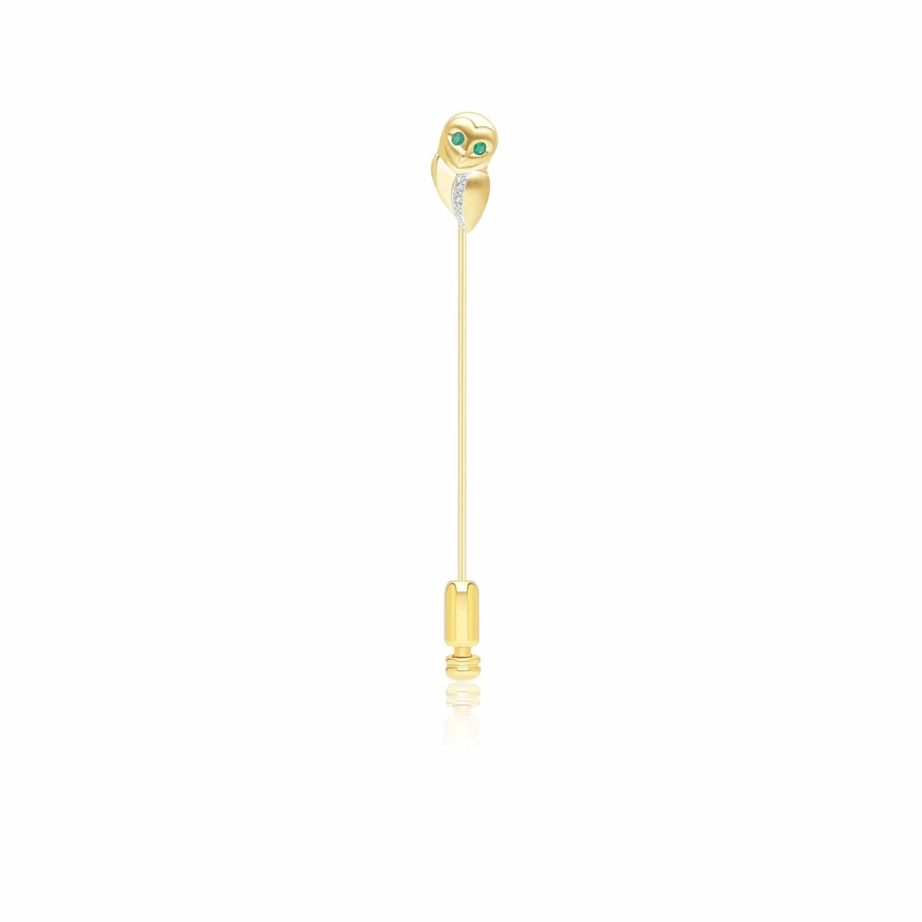 Image of Gardenia Emerald and White Sapphire Owl Lapel Pin in 9ct Yellow Gold