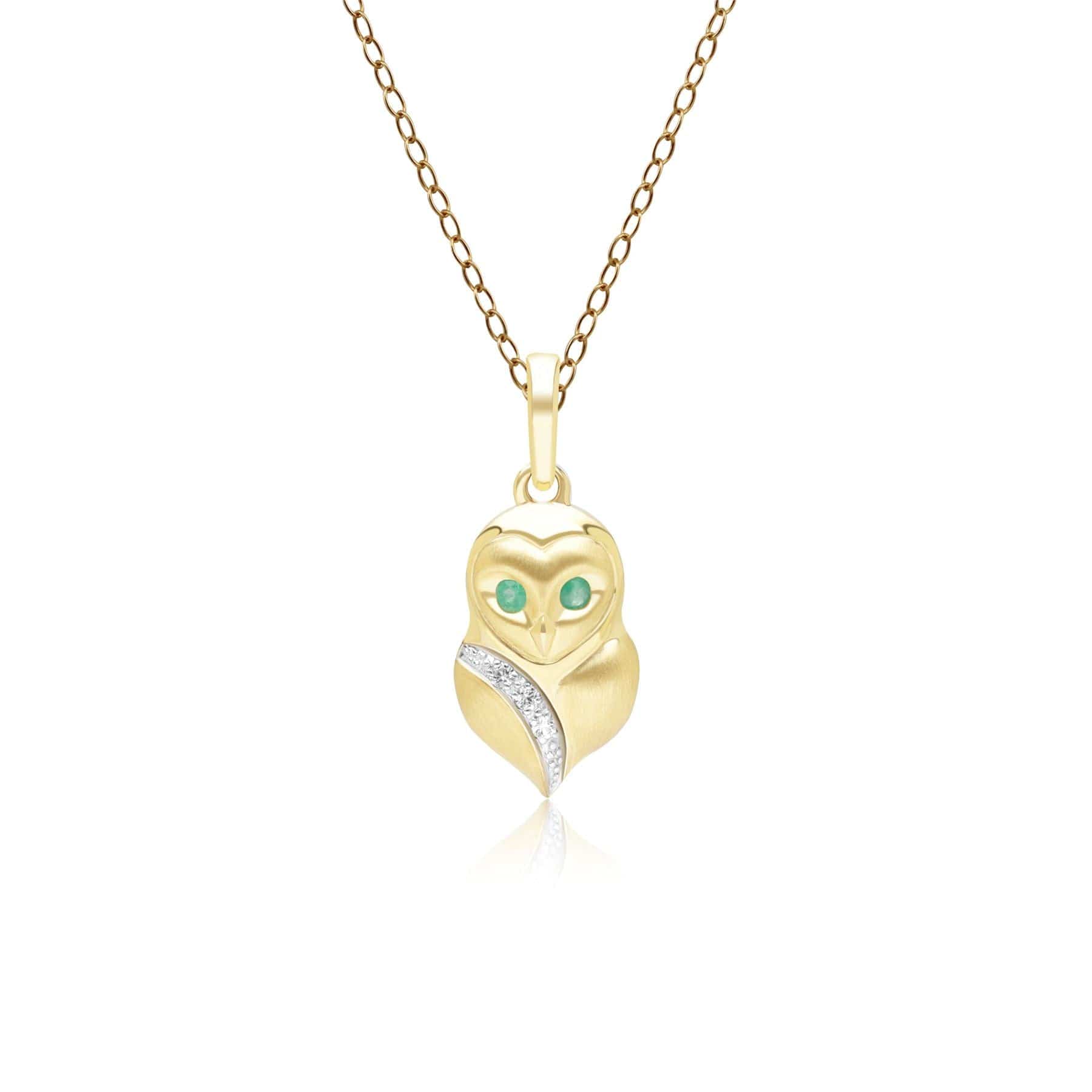 Product photograph of Gardenia Emerald And White Sapphire Owl Pendant Necklace In 9ct Yellow Gold from Gemondo Jewellery