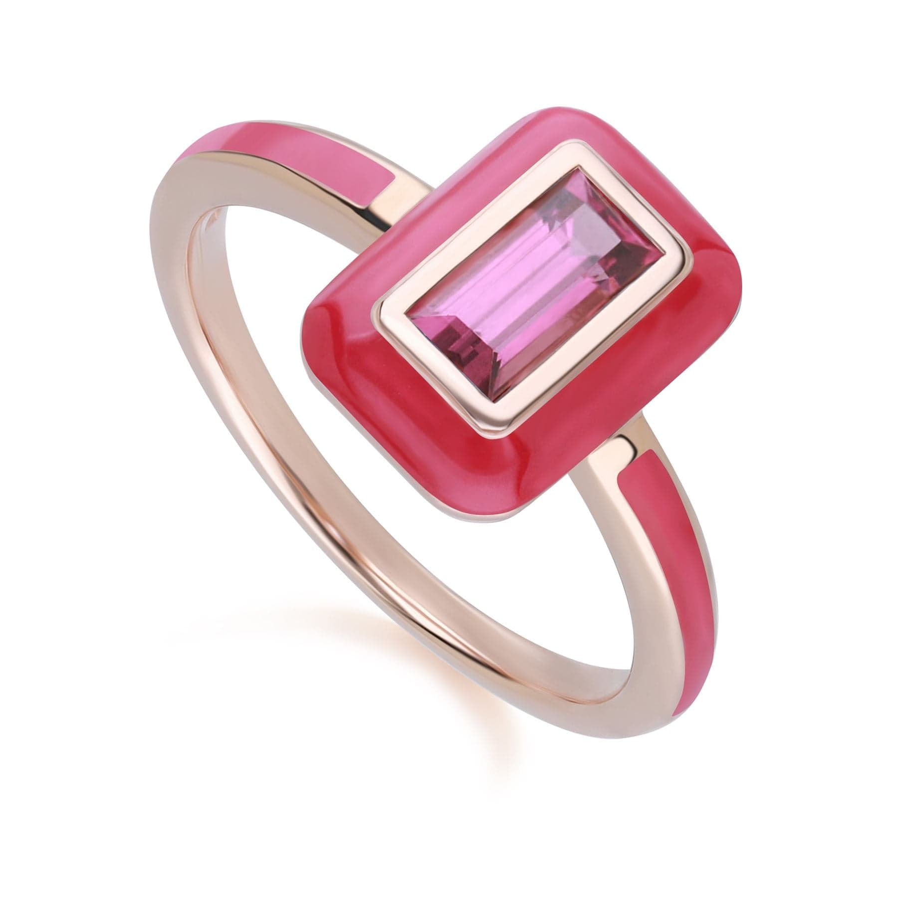 Product photograph of Siberian Waltz Pink Enamel Baguette Rhodolite Ring In Rose Gold Plated Sterling Silver from Gemondo Jewellery