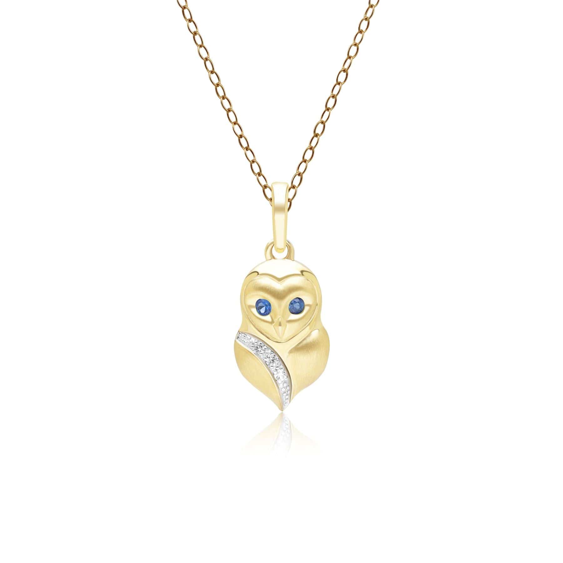 Product photograph of Gardenia Sapphire And White Sapphire Owl Pendant Necklace In 9ct Yellow Gold from Gemondo Jewellery